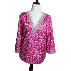 Made with Love tunic 3/4 sleeve pink floral with crochet neckline & cuffs Sz XL